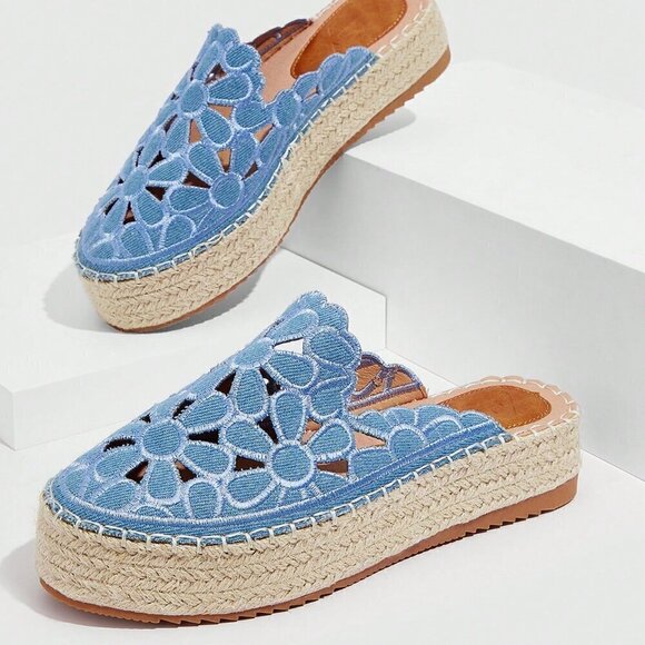 Blue Boho Women's Woman Floral Embroidered Flat Vacation Summer - Picture 5 of 5